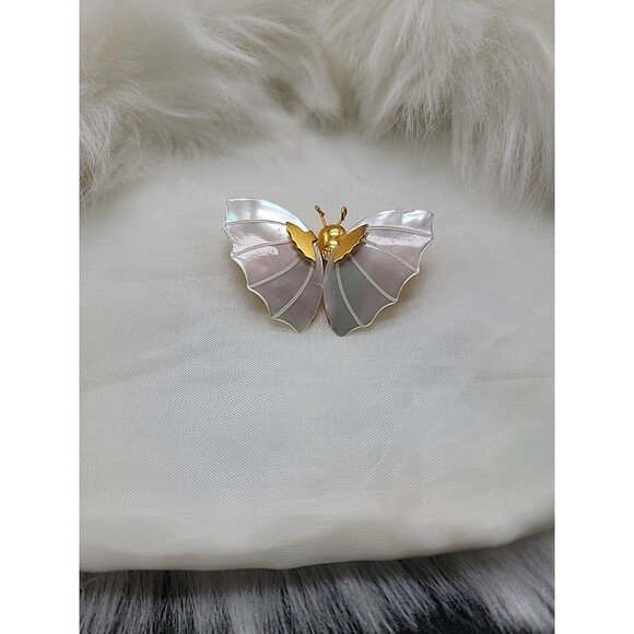 Vintage Antique Gold Tone Mother of Pearl Moth Butterfly Brooch Bouquet Pin - Picture 2 of 6